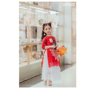 Áo dài cách tân Ren thêu hình Công cho bé gái