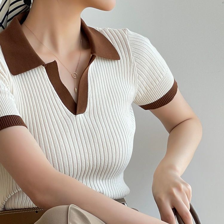 Áo Thun Polo Dệt Kim Tay Ngắn Màu Sắc Tương Phản Thời Trang Mùa Hè Cho Nữ