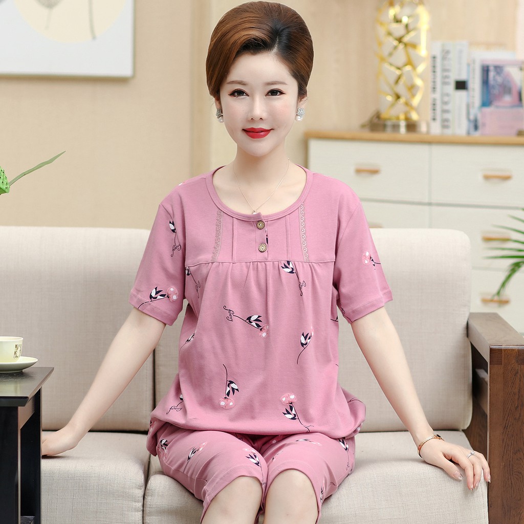 Đồ ngủ dành cho bà mẹ trung niên cotton tay ngắn bảy điểm Quần dài plus size phục vụ tại nhà người và cao tuổiII