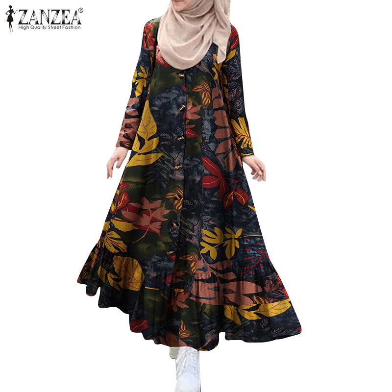 Đầm Maxi ZANZEA Tay Dài Họa Tiết Cổ Điển Cho Phụ Nữ Hồi Giáo