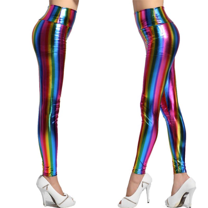 Quần Legging Giả Da Lưng Cao Họa Tiết Sọc Cầu Vồng Hologram Dành Cho Nữ