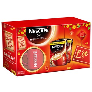 Hộp quà tết nescafé 3in1 cà phê rang xay hòa tan đậm đà hài hòa với ly sứ đỏ