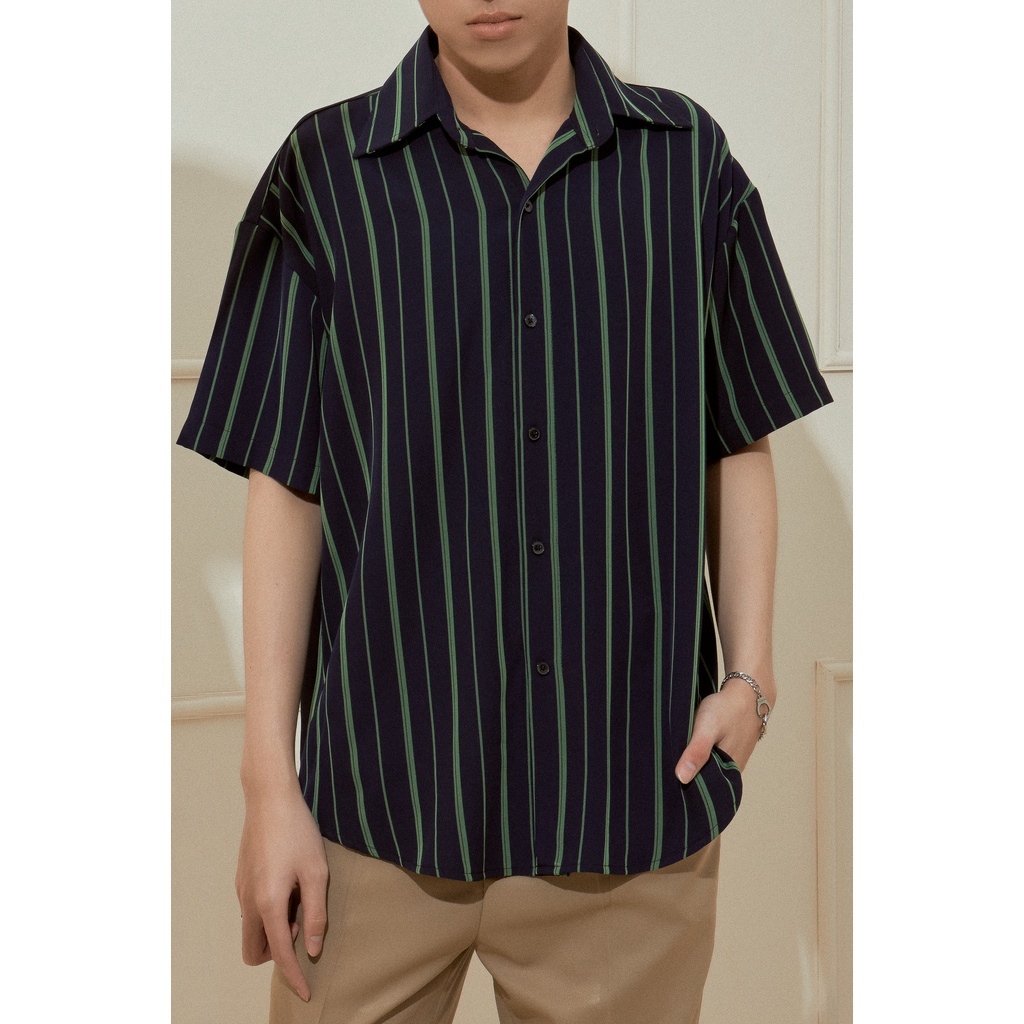 ÁO SƠ MI MARU NAM TAY NGẮN SỌC XANH RÊU FORM RỘNG/UNISEX.