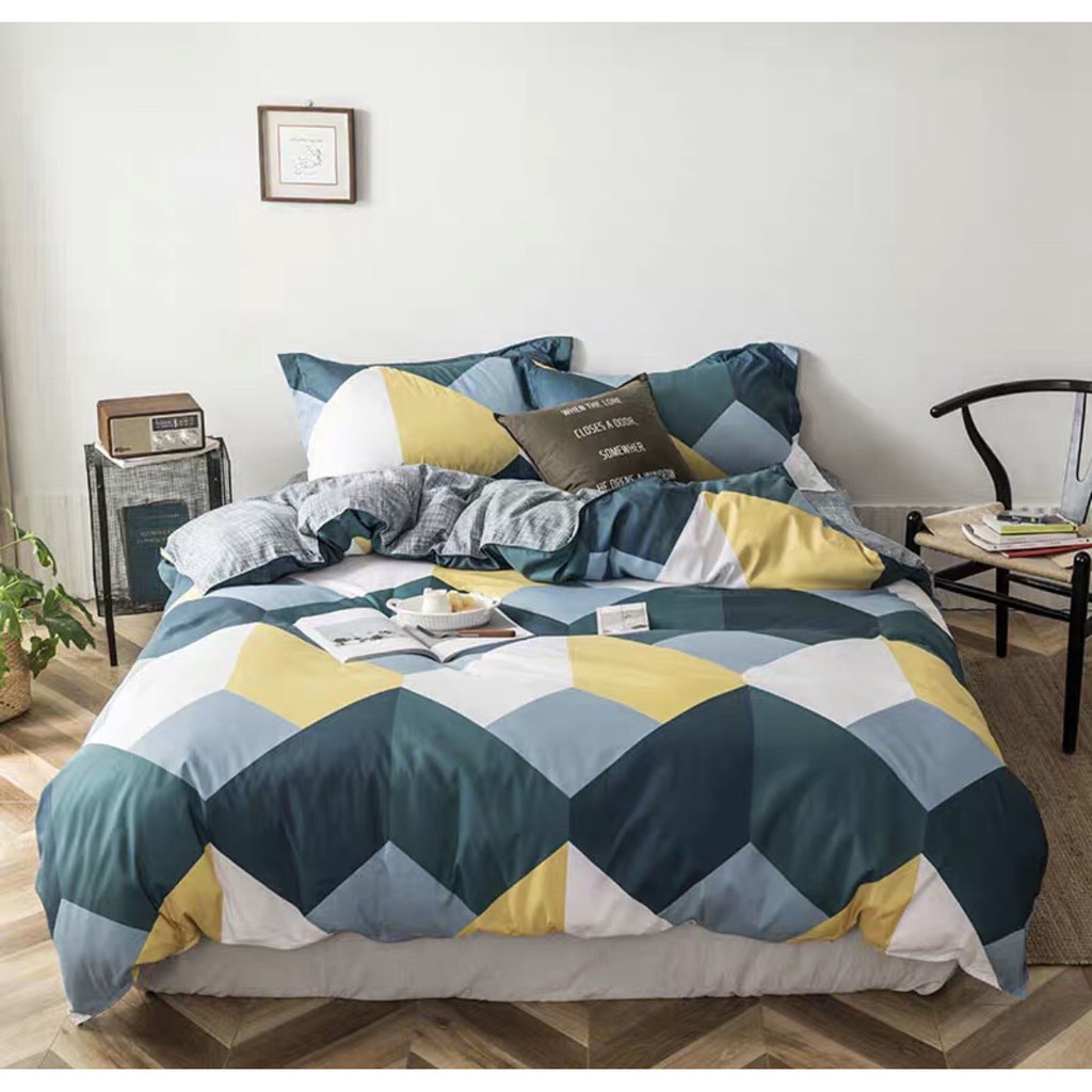 Bộ chăn ga gối khối xanh vàng xám Cotton Poly nhập khẩu