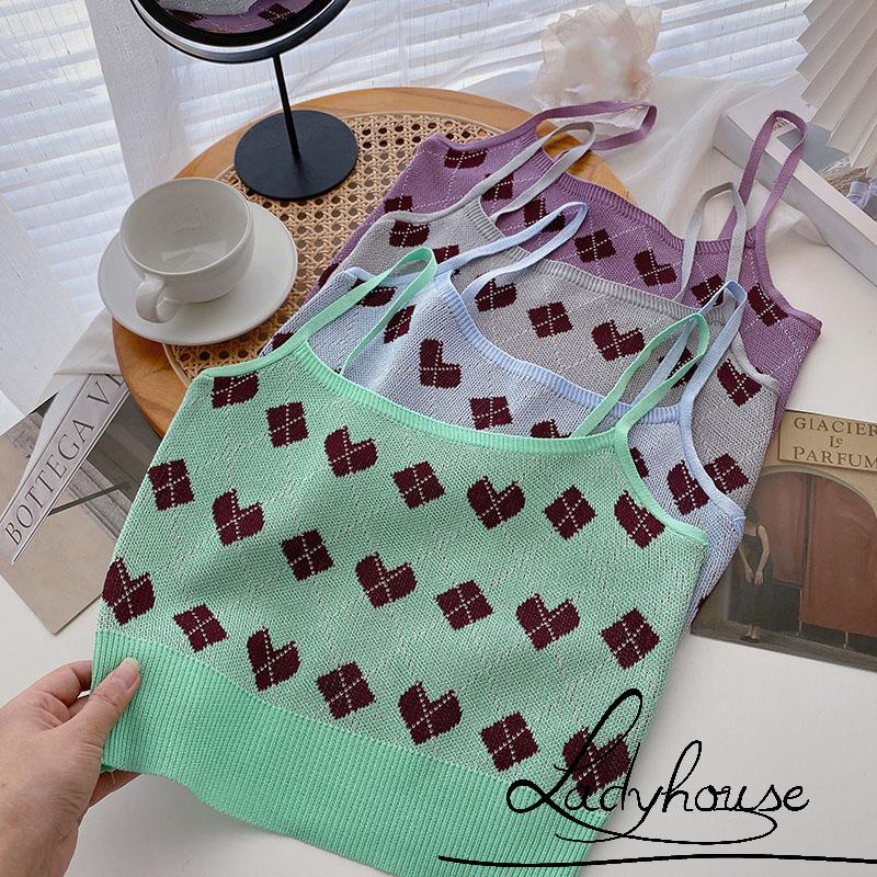 Áo dệt kim không tay cổ chữ U in họa tiết trái tim phong cách vintage cho nữ