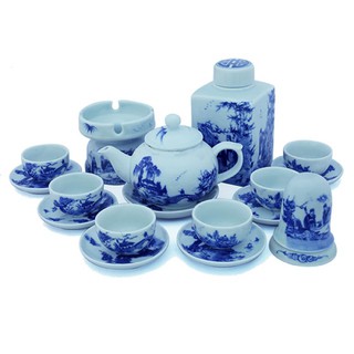 Bộ ấm trà men Ngọc Lam vẽ trúc lâm thất hiền + phụ kiện
