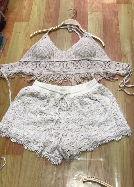Set biển sexy - áo bra đan móc tua rua + quần ren ( có tách rời ) | BigBuy360 - bigbuy360.vn