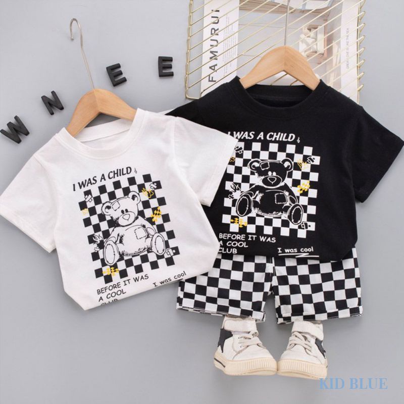 Set Áo Thun Ngắn Tay Và Quần Short Họa Tiết Sọc Caro Phong Cách Cá Tính Cho Bé Trai