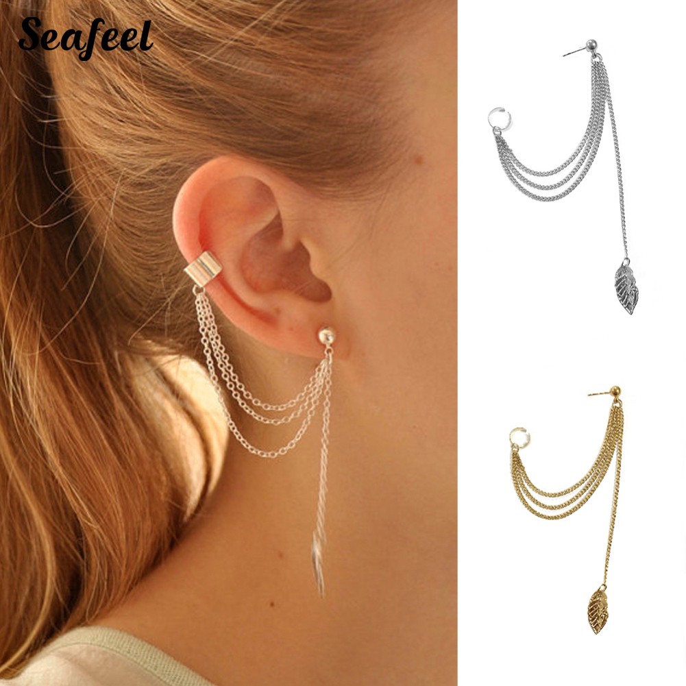 Bông tai xỏ lỗ tua rua dáng dài kiểu mặt hình chiếc lá phá cách cho nữ