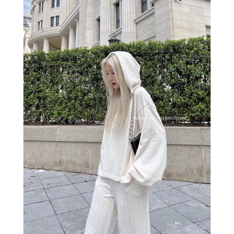 Set Len Trơn Vân Lá Dài Tay Form Rộng 💙 HD Clothings 💙 Bộ sweater oversize phối mũ trùm kèm culottes ống rộng vintage