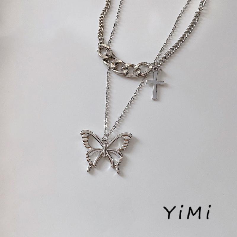 Vòng cổ Mặt Hình Bướm Xếp Chồng Phong Cách Hip Hop Thời Trang Thu Đông Cho Nữ