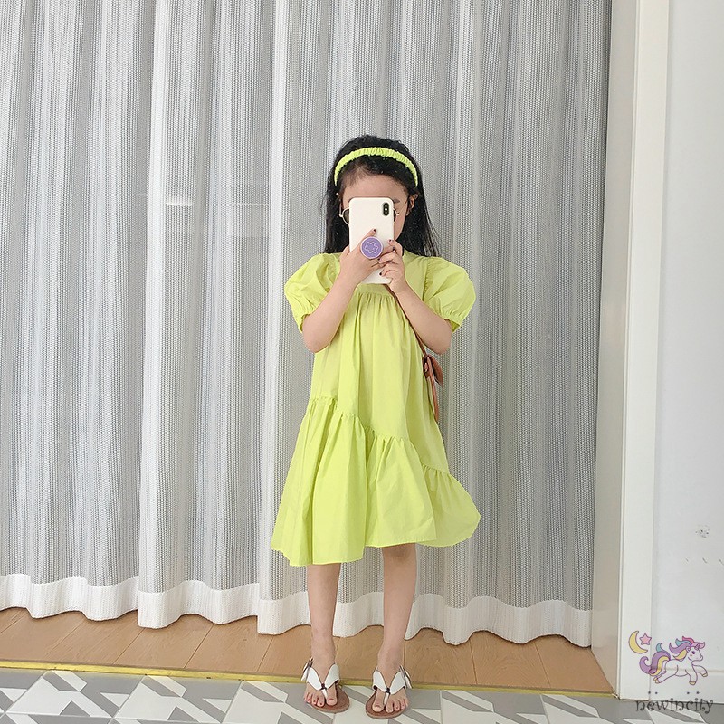 Đầm Tay Ngắn Cổ Tròn Phong Cách Hàn Quốc Cho Bé Gái