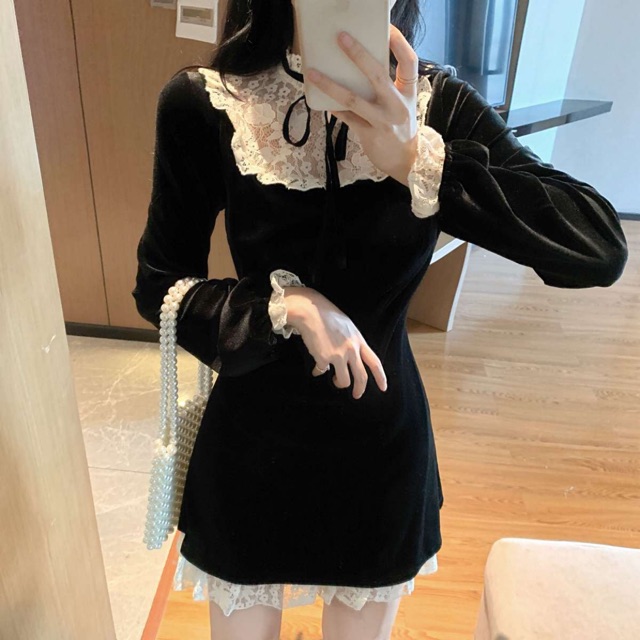 Váy nhung ren trắng tiểu thư