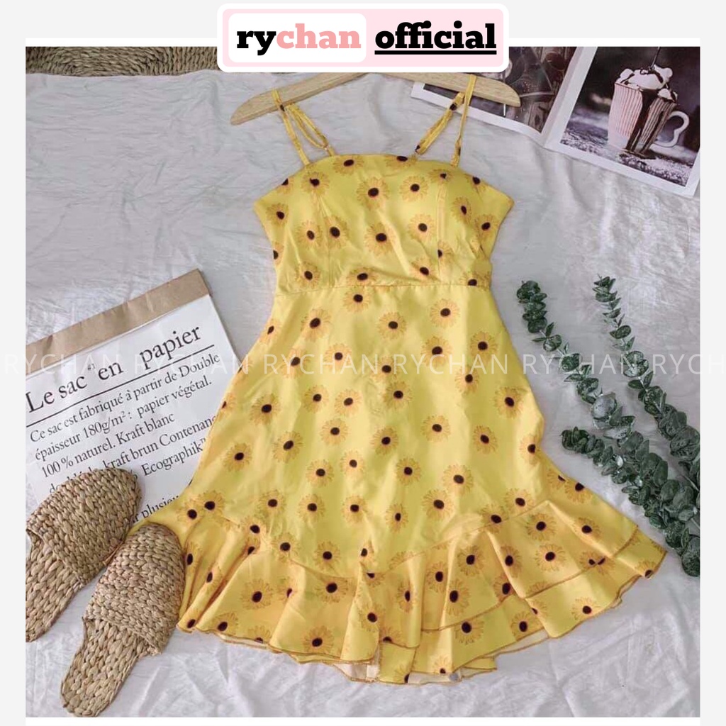 DX929 - Đầm Xòe Hai Dây Hoa Hướng Dương Cột Lưng Kèm Hình Thật Đầm Hở Lưng 2 Dây Đuôi Cá
