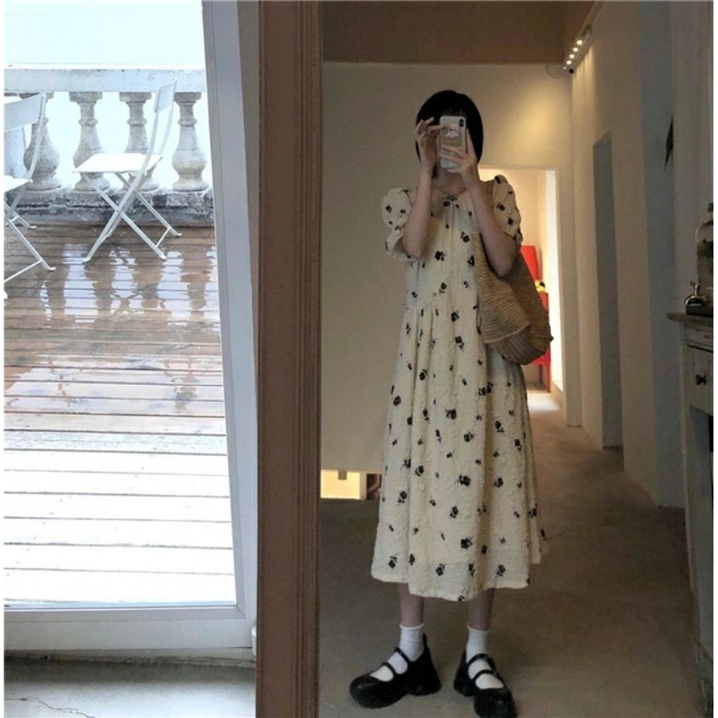 VÁY BABYDOLL HOA NHÍ TAY PHỒNG / ĐẦM DÁNG SUÔNG MÀU BE VINTAGE