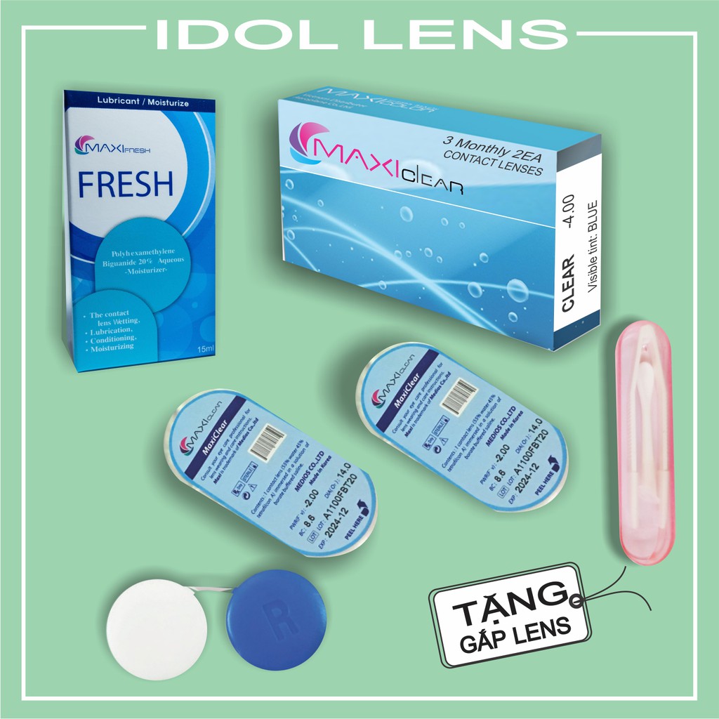 Combo lens cận không màu, dung dịch nhỏ mắt 15ml, gắp lens, khay ngâm lens
