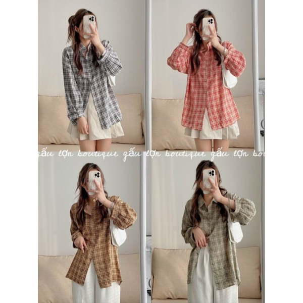Áo sơ mi kẻ caro tay bồng ulzzang