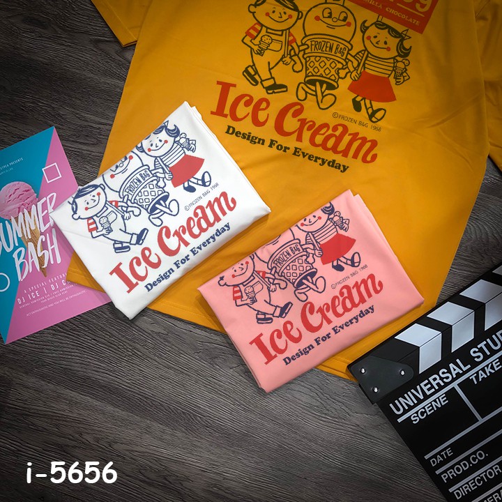 M5656 Áo Thun Màu Vàng Nghệ Unisex Chữ ICE CREAM