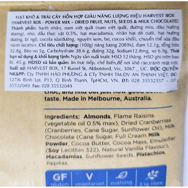 [Gói 45g – X. DƯƠNG] HẠT KHÔ TRÁI CÂY HỖN HỢP GIÀU NĂNG LƯỢNG [Australia] HARVEST BOX Power Mix Dried Fruit