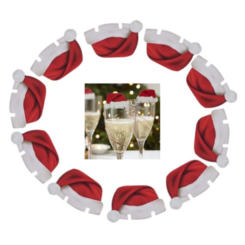 10PCS set Xmas Hats Champagne Wine Glass Caps Christmas DIY Decoration