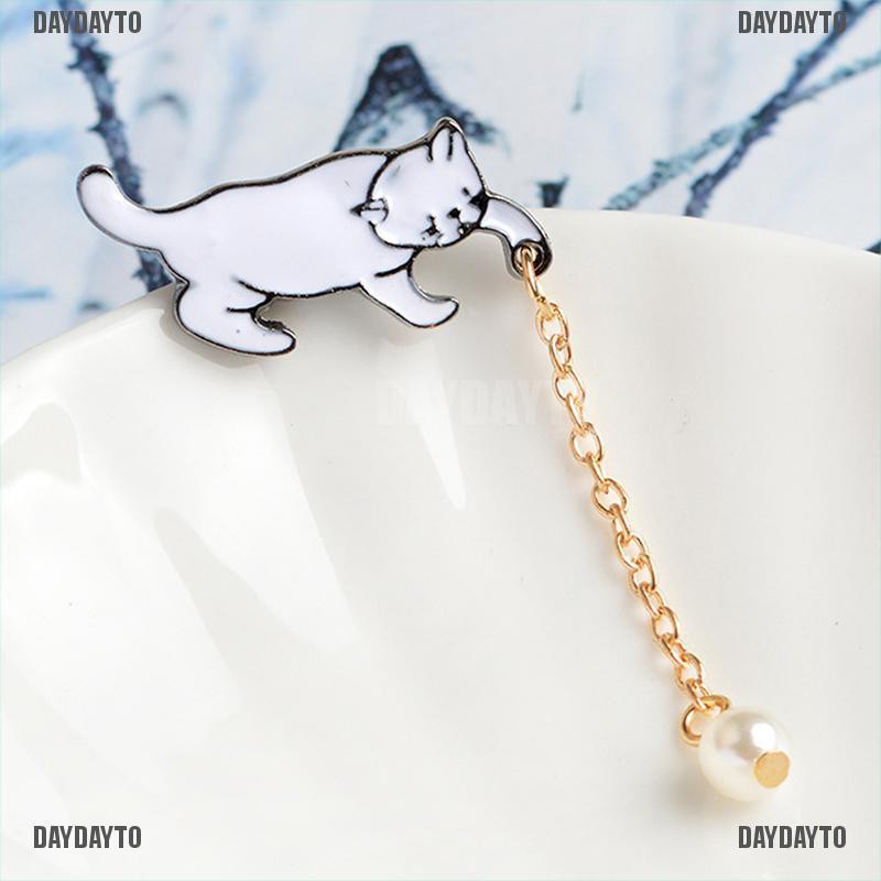 Ghim Cài Áo Hình Mèo Tráng Men Đính Ngọc Trai Dễ Thương