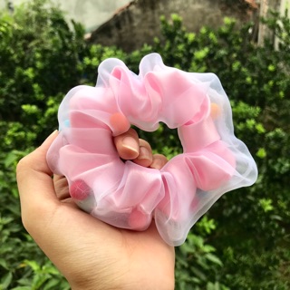 Dây buộc tóc SCRUNCHIES hạt POM POM sắc màu