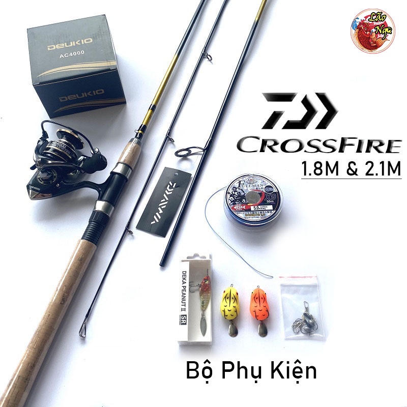 Bộ cần câu cá lure Daiwa CrossFire Cao Cấp 1.8m&2.1m + Máy kim loại AC4000 + Dây câu lure X9 Cao cấp + Bộ mồi lure Và PK