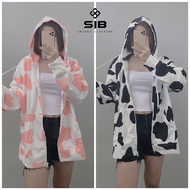 Áo hoodie zip khoá kéo áo khoác nỉ form rộng hoạ tiết bò sữa SIB038