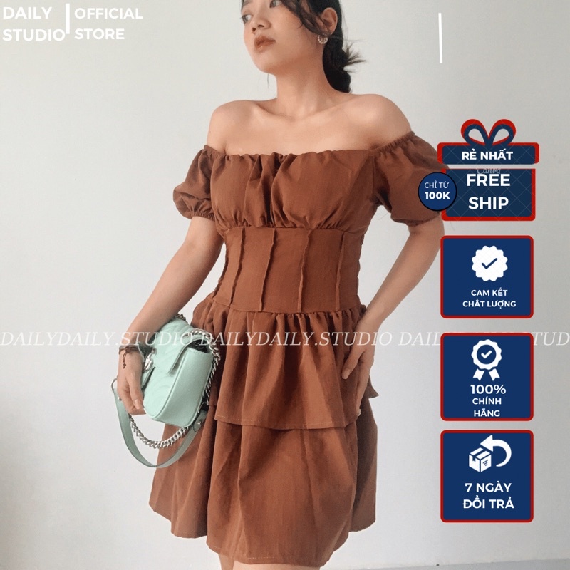 [Ảnh thật/Video]Váy công chúa trễ vai bèo bồng bềnh,Đầm dự tiệc thiết kế Trễ Vai Tay Bồng Bèo Tầng Mặc 2 Kiểu 2 màunâube