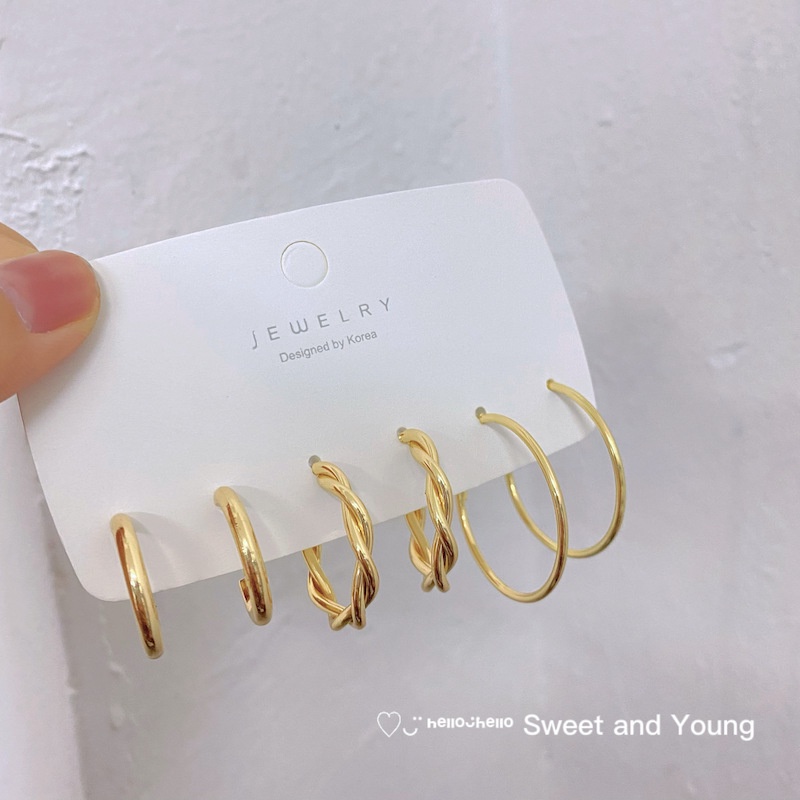Set 3 khuyên tai bạc S925 dạng vòng xoắn cá tính phong cách Hàn Quốc thời trang cho nữ