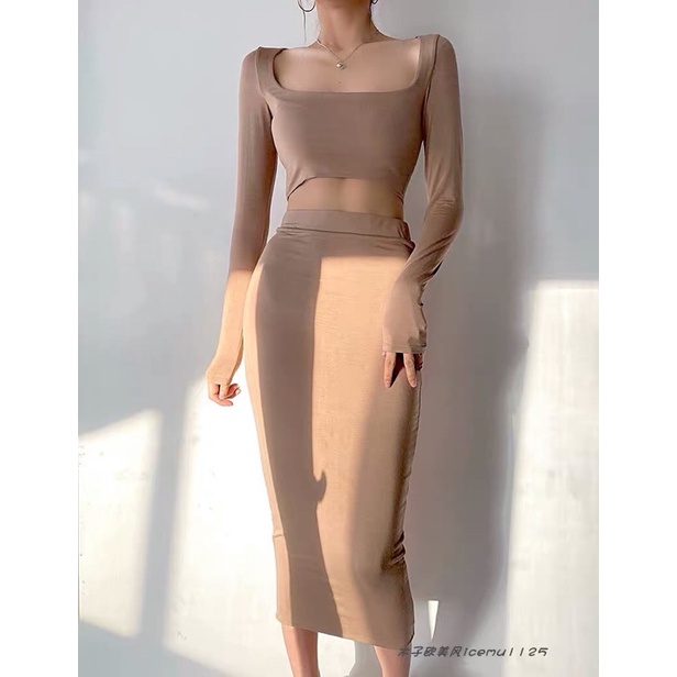 Ảnh thật ) V0802 Set body cotton áo cổ vuông và chân váy bút chì