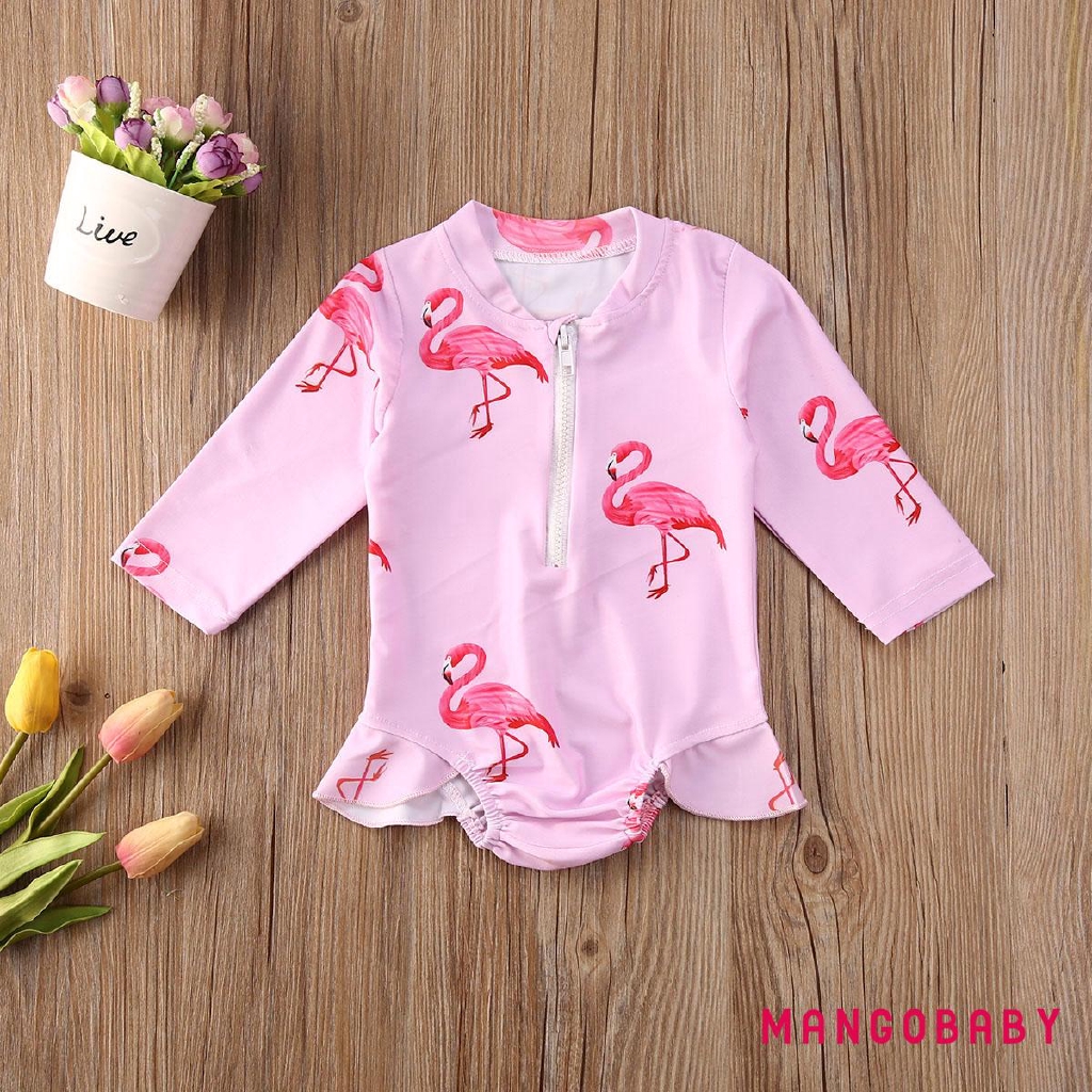 ♬MG♪-1-6Years Baby Girls Swimwear Cute Floral Print Round Neck Long Sleeve One-Piece Swimsuits
