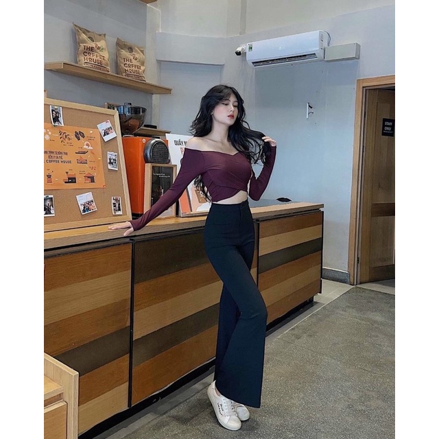 Áo Croptop Tay Dài Đắp Chéo Trễ Vai Ôm - Trơn A5151 | BigBuy360 - bigbuy360.vn