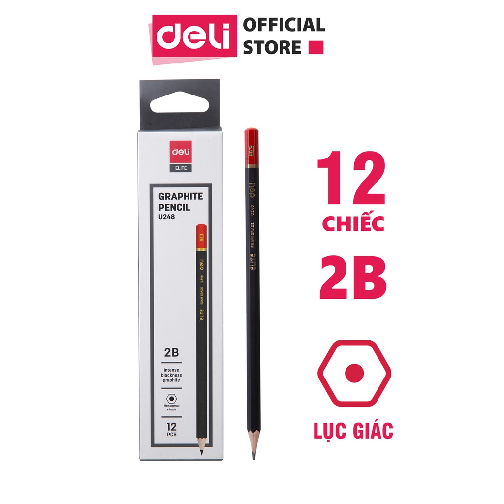 Bút chì 2B Deli - thân bút lục giác - màu Đen và đỏ - 12 cây/hộp - CU24820