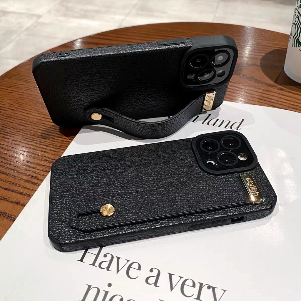 Ốp Điện Thoại Da Cao Cấp Có Dây Đeo Chống Rơi Cho iphone 11 12 13 pro max 14 xs xr x 7 8plus se 3 Đen
