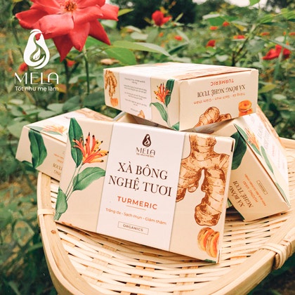 Xà bông nghệ tươi Mela | ORGANICS TURMERIC SOAP - Tặng túi lưới tạo bọt