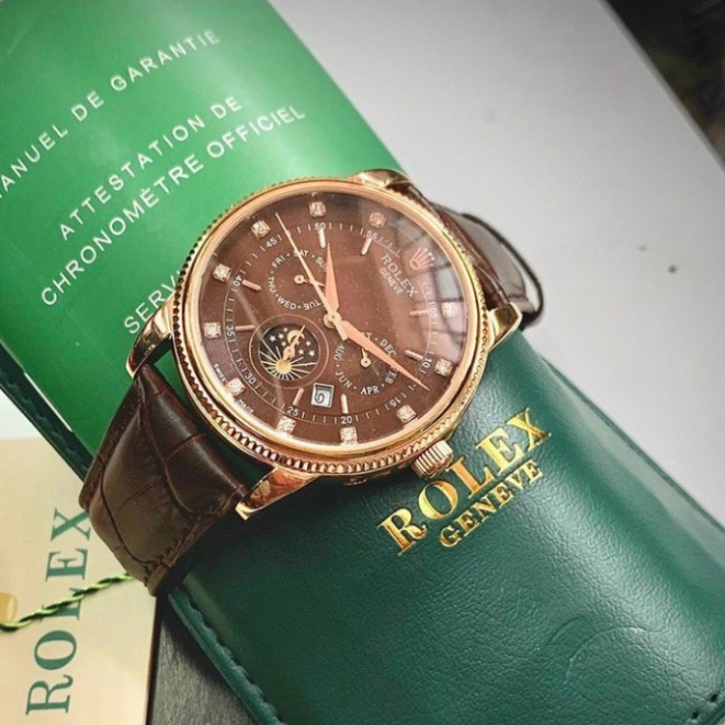 Đồng hồ Nam Rolex máy nhật, mẫu 6kim đính đá, mặt nâu cafe viền vàng, dây da [ BH 1 Năm ] lỗi 1 đổi 1 miễn phí | BigBuy360 - bigbuy360.vn