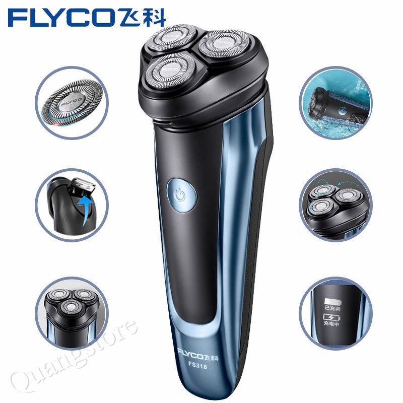 Máy Cạo Râu Flyco, Flyco Fs318 Chống Nước, 3 Lưỡi Cạo Nhanh, Sạc Nhanh Chỉ 1h Sạc