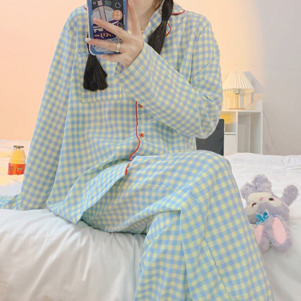 Bộ ngủ pijama dài tay họa tiết kẻ ô viền màu bo chân vải cotton