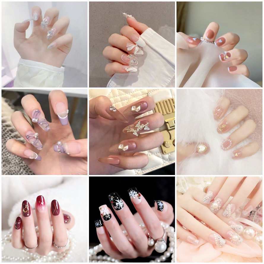 Móng giả đính đá Móng tay giả đính đá dài nhọn/Họa Tiết Trái Tim/ Nơ Thời Trang Có Keo Dán