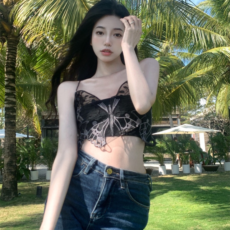 Áo Hai Dây Mỏng Vừa Vặn Thêu Ren Hình Bướm Màu Đen Gợi Cảm Phối Ren Đính Cườm