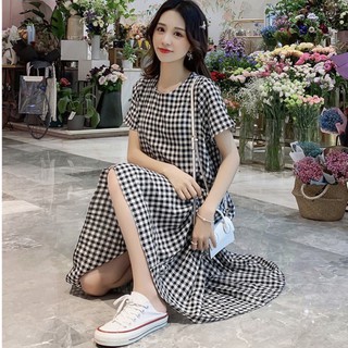 Đầm váy freesize caro đuôi cá lệch tà
