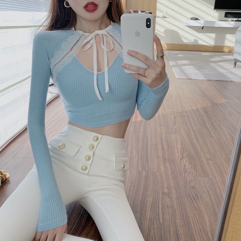 COZOK Áo Sweater Tay Dài Dáng Ôm Phối Ren Quyến Rũ Cho Nữ