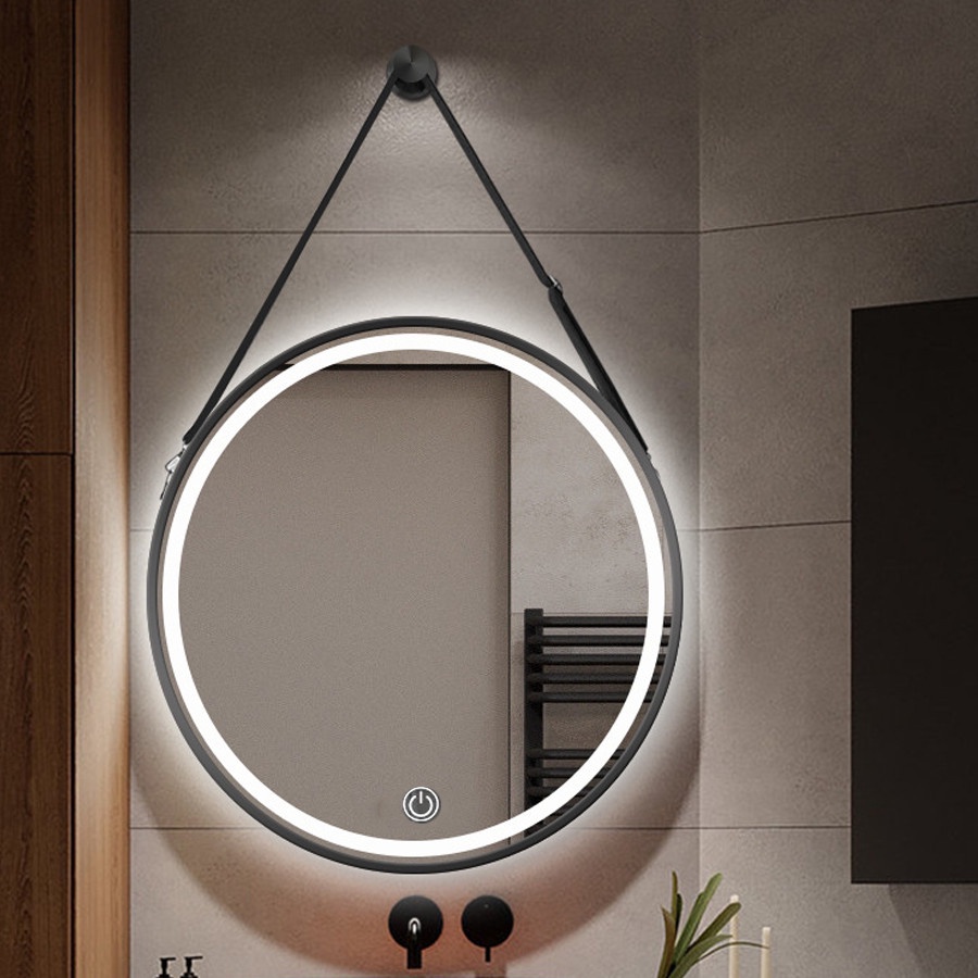 Gương tròn dây da cao cấp, gương khung gỗ treo tường, gương trang điểm tích hợp đèn LED có nút cảm biến thông minh