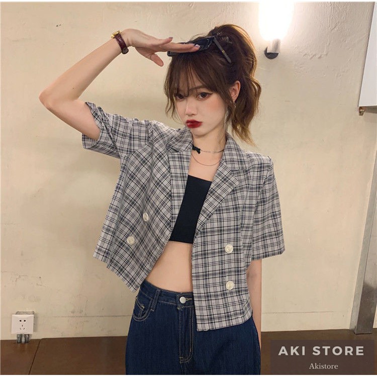 Áo Khoác Blazer Tay Ngắn Dáng Rộng Họa Tiết Sọc Caro Thời Trang Mùa Hè Phong Cách Hàn Quốc 2021 | BigBuy360 - bigbuy360.vn