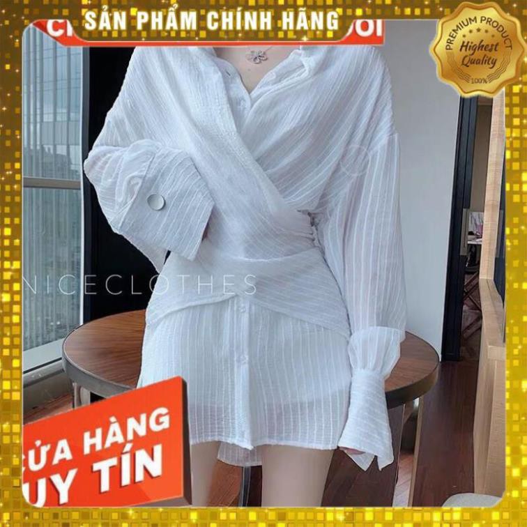 QUẢNG CHÂU ĐẸP ĐỘC LẠ Áo đầm sơmi nữ tay dài vân gân nổi sọc dài cổ form rộng kiểu mỏng SIÊU HOT