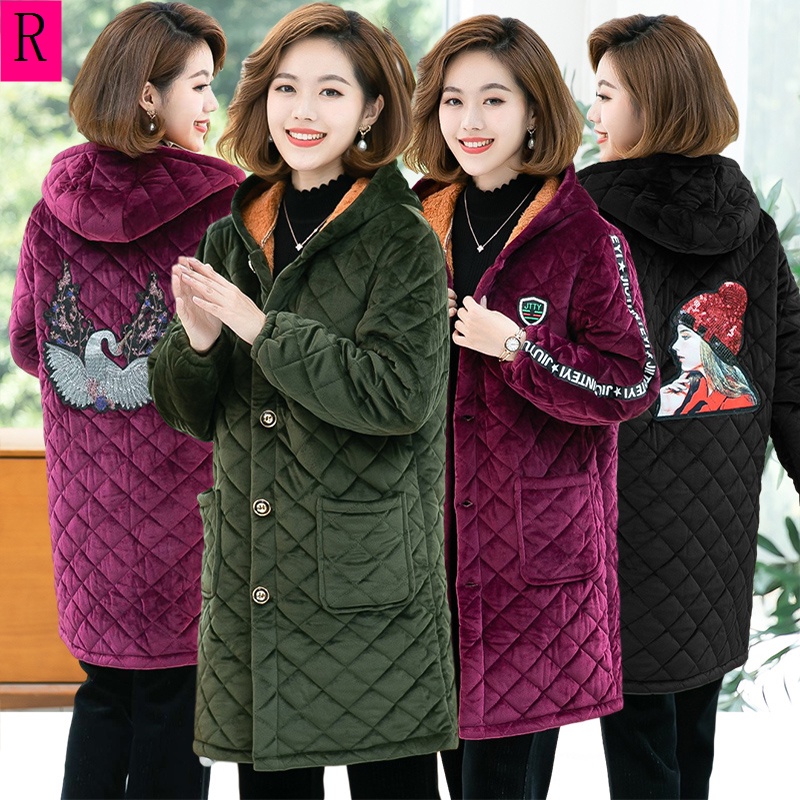 Áo khoác cotton lót nhung dày giữ ấm mùa thu đông cho phụ nữ trung niên và lớn tuổi