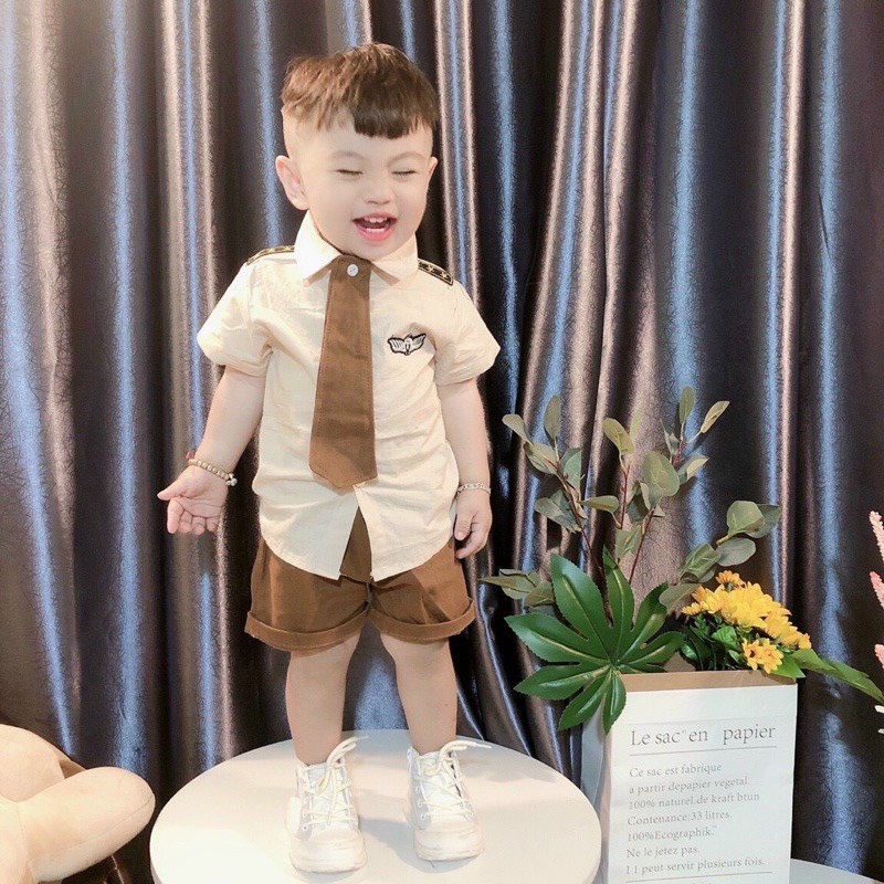 Áo sơ mi bé trai, set bộ quần áo phi công chất đũi thô mềm mát kèm cà vạt cho bé trai 2022