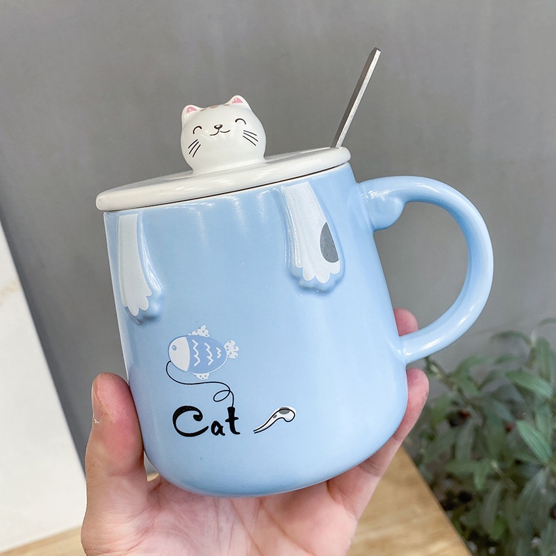 LY CỐC SỨ CẶP ĐÔI CÓ NẮP HÌNH MÈO BẮT CÁ 400ML KÈM THÌA XINH XẮN