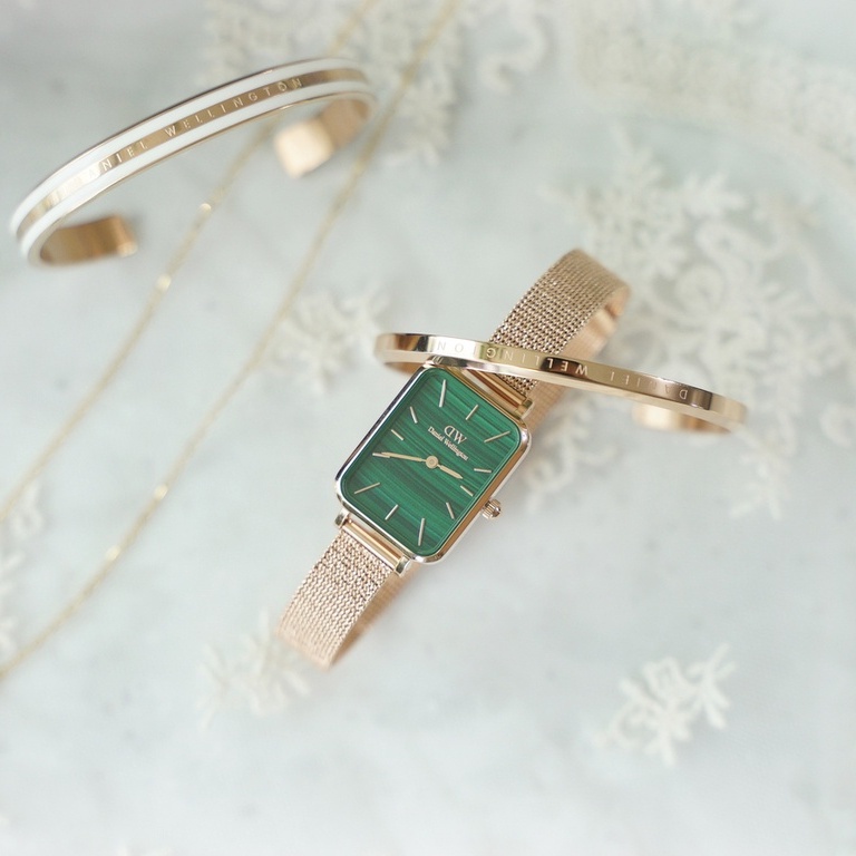 Combo Đồng Hồ Nữ Daniel Wellington Quadro Pressed Melrose Green & Vòng Tay Classic Cuff V1 DW Chính Hãng - OtisWatch
